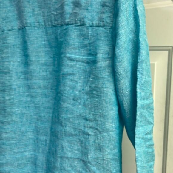 Isaac Mizrahi New York Turquoise V-Neck Linen Pullover Collared Shirt- Small - Picture 11 of 15